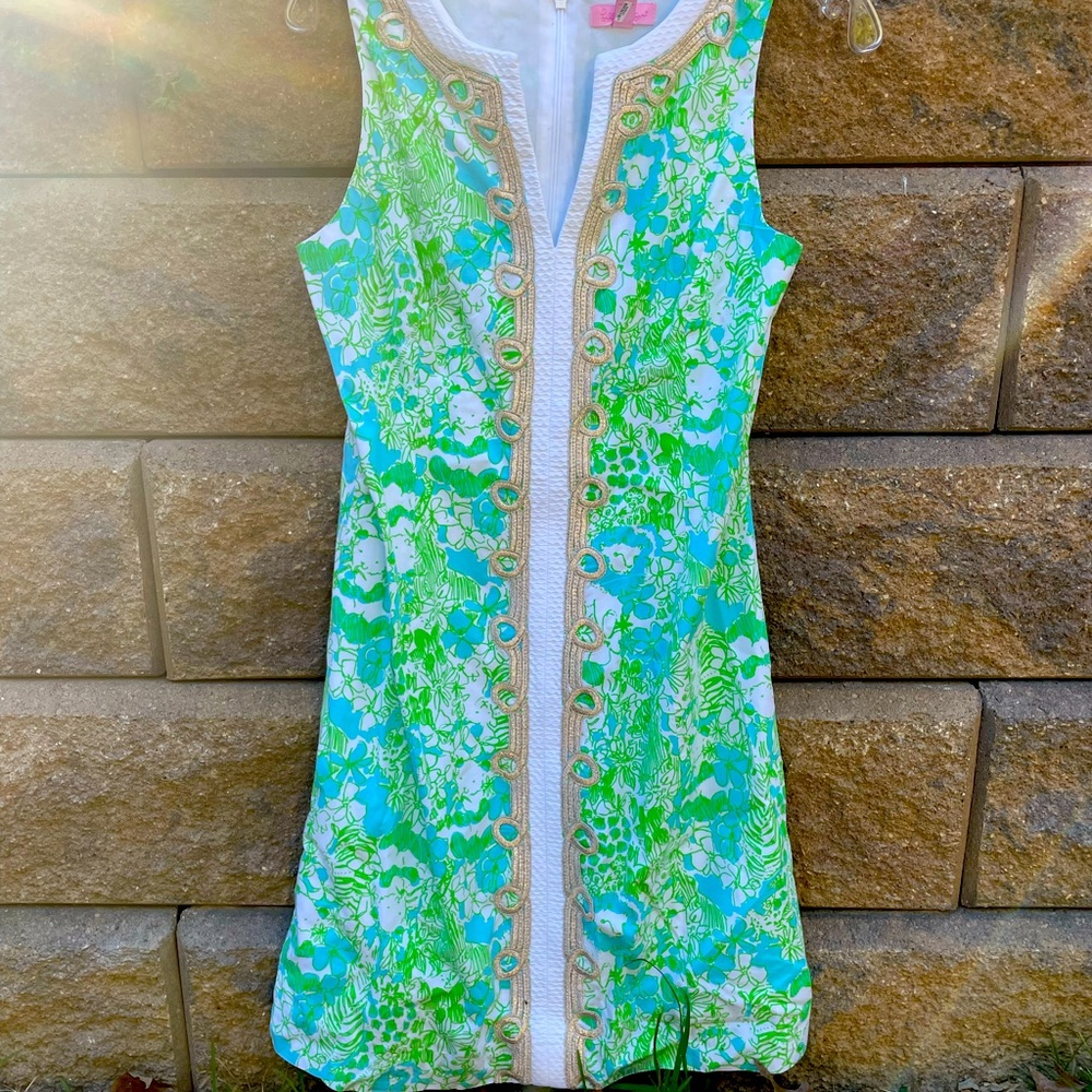 LILY PULITZER DRESS JANICE SHIFT GREEN PANDAMONIUM PANDA GOLD LACE TRIM